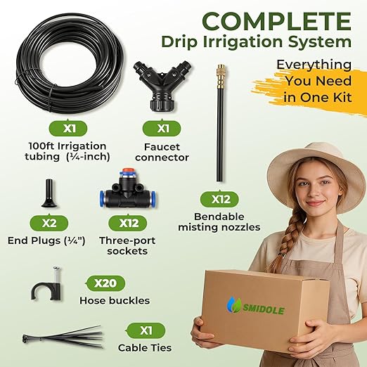 100FT Drip Irrigation Kit for Garden, 360° Adjustable Watering System with 1/4" Tubing, Brass Adjustable Misting Nozzles, DIY Irrigation System for Plants, Lawn, Greenhouse