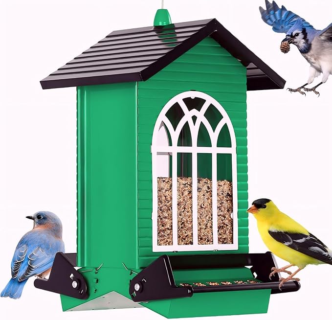 Gbekery Squirrel Proof Bird Feeder for Outdoors,5LB Large Capacity,Metal Wild Bird Seed Feeder with Bilateral Weight-Activated Perches for Outside Hanging,Garden Decoration,Green