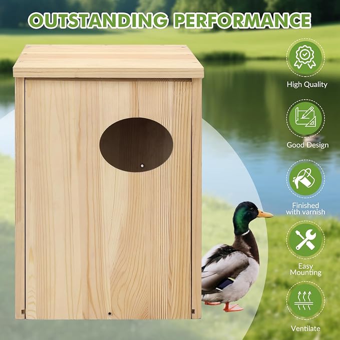 Pine Wood Duck House for Ducks and Hooded Mergansers Breeding Nesting Wooden Box Resident Habitant Shelter