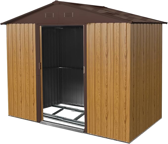 8x4 FT Outdoor Metal Storage Shed, Galvanized Steel Garden Shed with Window, Lockable Sliding Door, Sloped Roof, Ventilated Tool Storage House with Foundation Kit for Backyard Lawn Equipment, Coffee