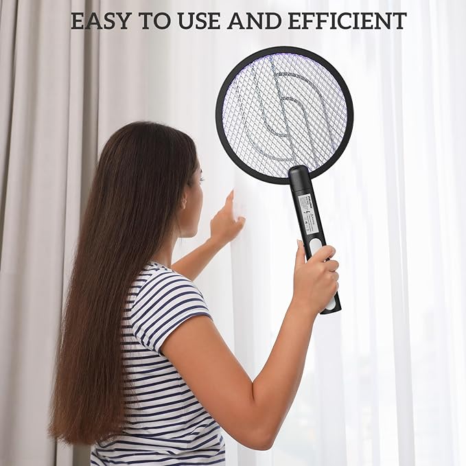 Electric Fly Swatter PALONE, 4000V Dual Modes Bug Zapper Racket, Mosquito Killer with Type-C Charging Dock, Insect Zapper with 3-Layer Safety Mesh Electric Fly Swatter for Indoor/Outdoor, Black 2 Pcs
