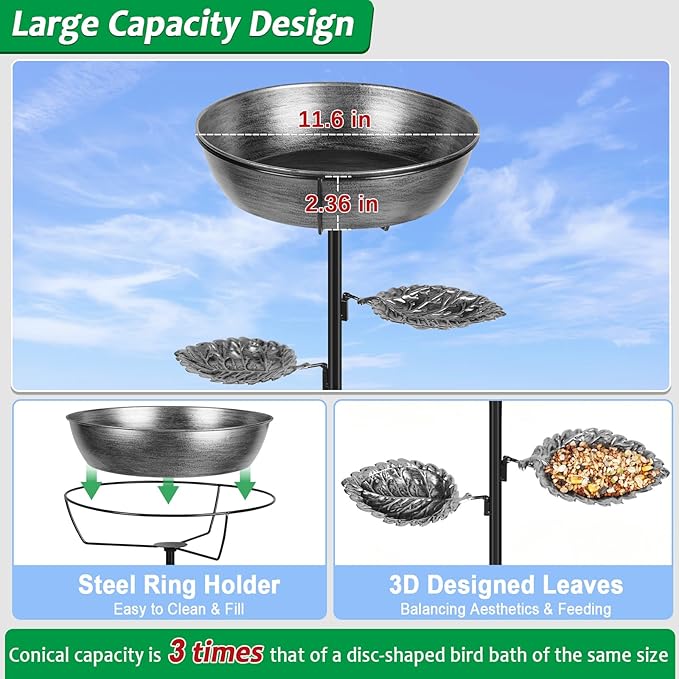 Metal Bird Bath for Outdoor - Garden Bird Bath with Removable Bowl Heavy-Duty Base, Winter Birdbath Feeder Rust-Proof Birdbaths for Garden Yard Lawn Decor, Easy to Install(Grey)