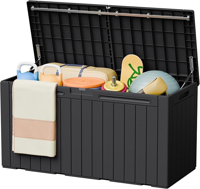 Greesum 110 Gallon Outdoor Storage Box with Lockable Lid, All-Weather for Patio Furniture, Pool Supplies & Garden Tools, Waterproof, UV-Resistant Large Deck Box, Dark Black