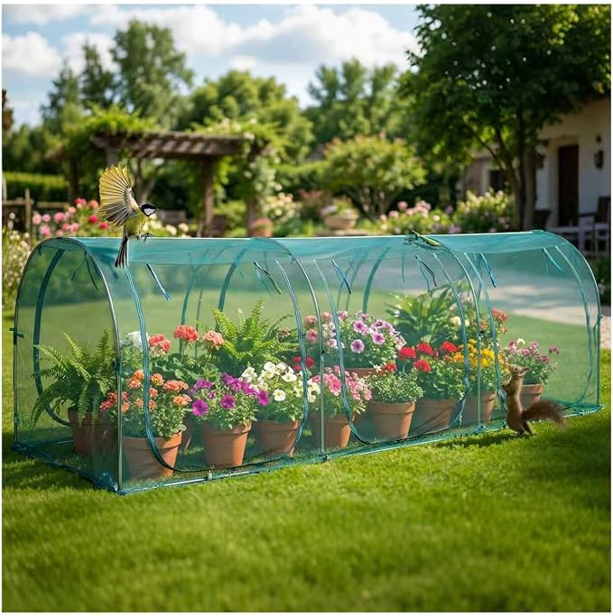 12.3'x4'x4' Crop Cage Portable Tunnel Plant Netting Cover Tomato Netting, 6 Roll-Up Zipper Door Garden Cage, Bug Netting Cover for Vegetables & Fruits, Durable Raised Garden Bed Covers