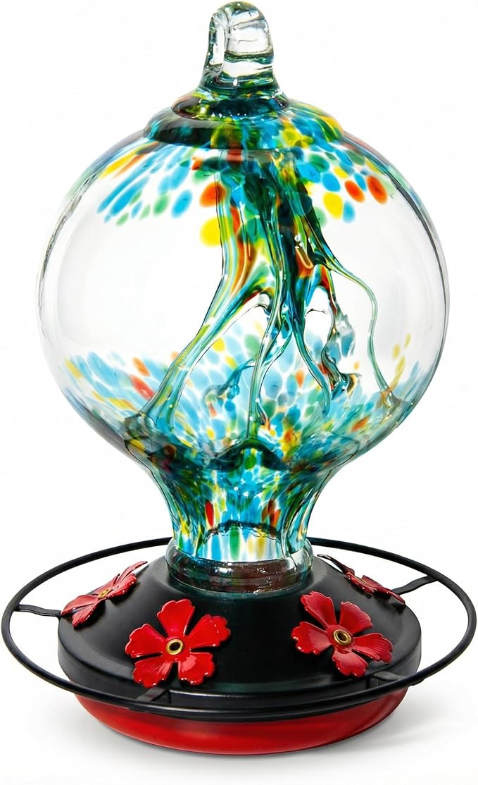 Hummingbird Feeder for Outdoors Hanging, 34 oz, Hand Blown Glass Humming Bird Feeders, Uniqe Gift for Women Mom Garden Bird Lover, Hook & Brush Included, Rainforest Blue