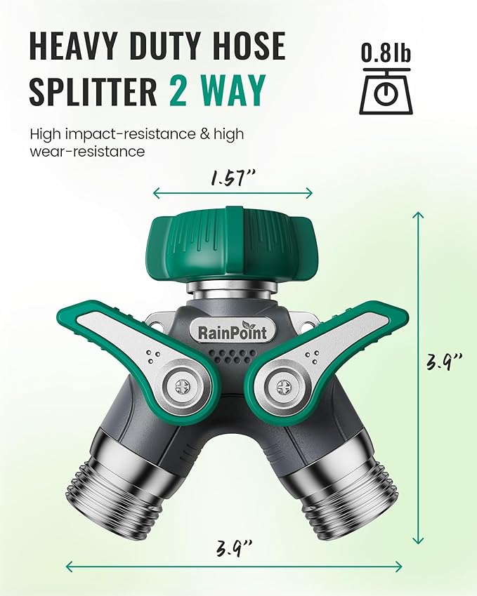 RAINPOINT Garden Hose Splitter 2 Way Heavy Duty, 3/4'' Connector Water Hose Bib Y Spigot Splitter with Shut-Off Valve, 100% Metal Body Full Flow Outdoor Water Faucet Adapter Fittings (1 Pack)
