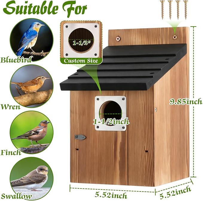 Dreyoo 8 Pack Bluebird Houses for Outside with Metal Predator Guard, 1-1/2" Entrance Hole Wooden Blue Bird Houses for Outdoors, Bluebird Nesting Box with Screwdriver(Black Roof, Burnt Wood Body)