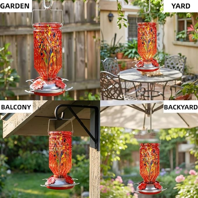 Hand Blown Glass Hummingbird Feeder for Outdoors Hanging Round Chaning Color 32 OZ Large Humming Birds Feeders with Accessories Gift for Women Mom (Red)