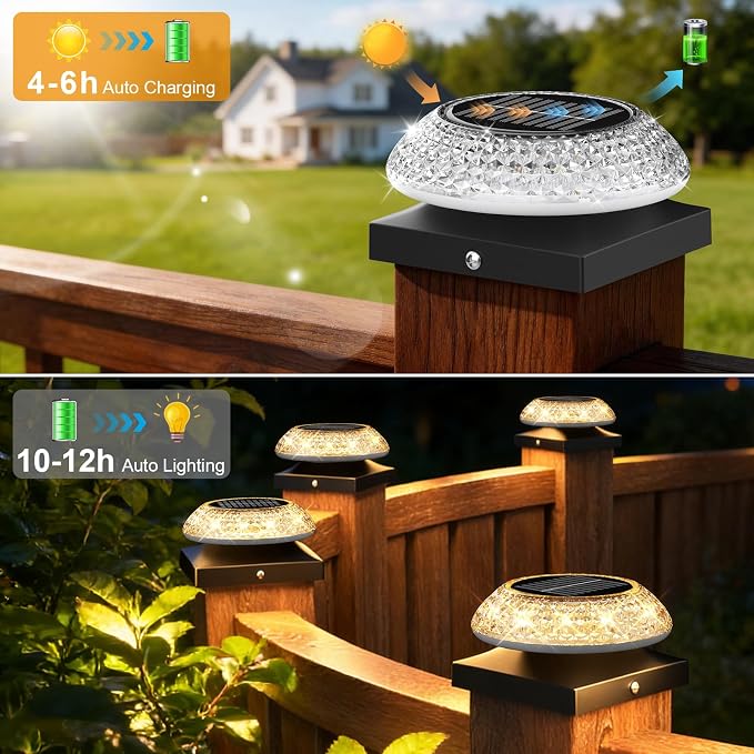 4x4 Solar Post Cap Lights 12 Pack: Fence Post Solar Lights with 3 Lighting Modes & Round Lampshade - Waterproof Outdoor Deck Post Light for Garden/Patio/Porch (Black)