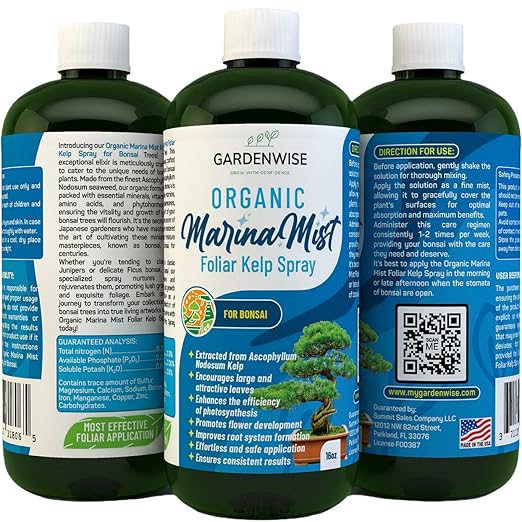 GARDENWISE Organic Marina Mist Foliar Spray for All Live Indoor and Outdoor Bonsai Tree Plants | Micro Nutrients for Vital Bonsai Health | Gentle Formula | Liquid Plant Food | Quick Results (8 oz)