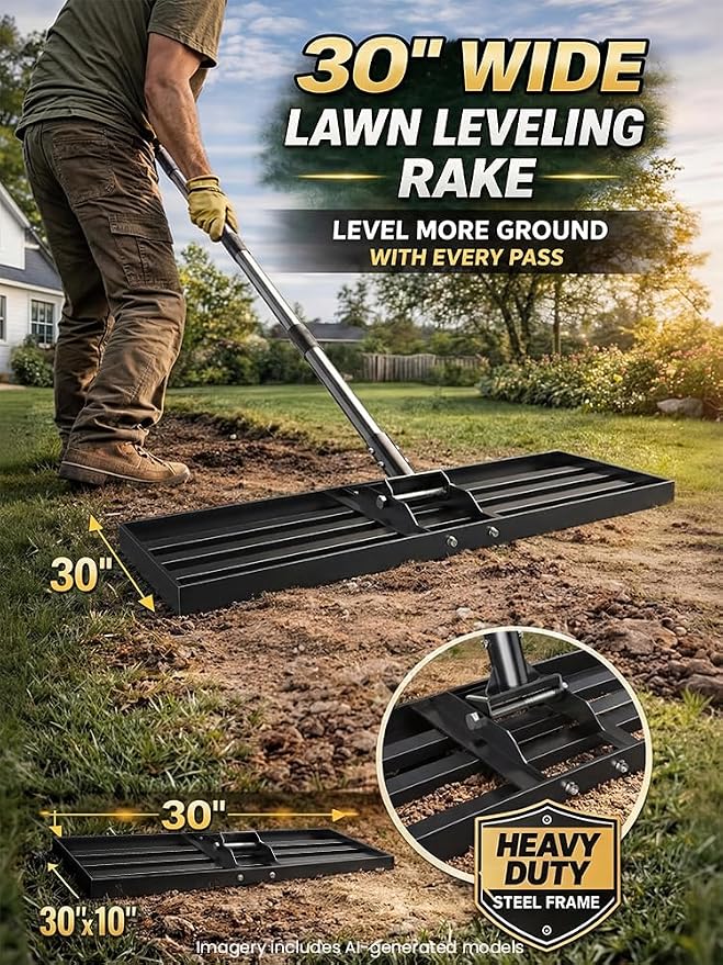 30x10 inch Lawn Leveling Rake, Yumatum 72" Heavy Duty Lawn Leveler Tool, Stainless Steel Handle Lawn Leveler for Yard Golf Pasture Garden, Professional Lawn Care Landscape Rake
