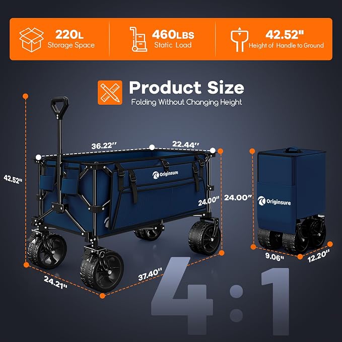 Originsure 220L Collapsible Wagon Cart Foldable, 460lbs Load Capacity Heavy Duty Folding Beach Wagons with Big All-Terrain Wheels, Utility Carts for Groceries, Shopping, Camping, Sports - Blue