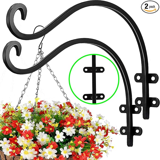 2 Pack Heavy Duty Plant Hanger Bracket, 16Inch Hanging Brackets for Plants Outdoor and Indoor, 80lbs Holding Capacity Metal Plant Wall Hooks, Black Hanging Plant Brackets for Flower Wind Bird Feeder