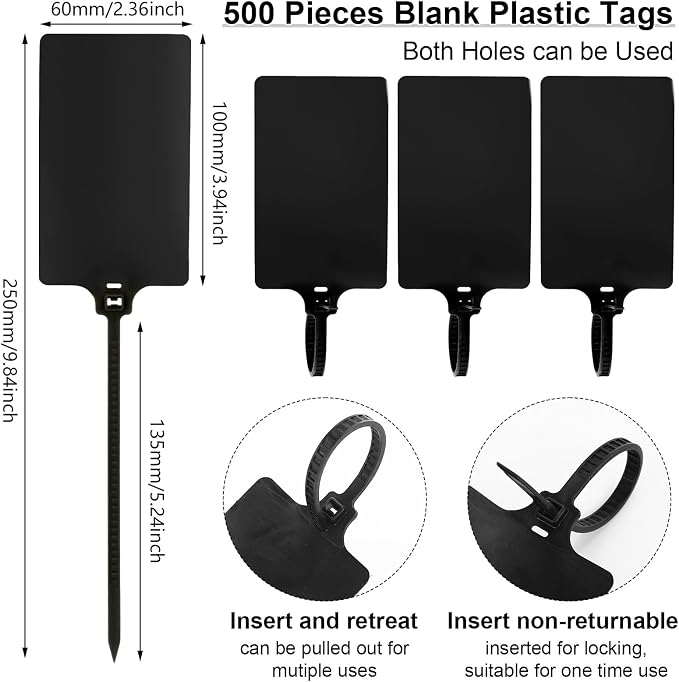 Chunful 500 Pcs Blank Plastic Tags Shipping Tags 3.94"x 2.36" Waterproof Sealing Shipping Labels Bulk Writable Hanging Tag Ties Sealing Strap Reusable Mark Labels for Keys Luggage Logistic(Black)