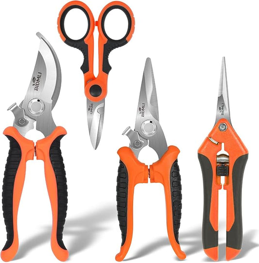 4-Pack Multifunctional Garden Scissors Set-BIDMLI Stainless Steel Pruning &Floral Shears with One-Piece Handle Blades for Tree Pruning, Flower Trimming, and Fruit Picking Tasks at Home&Garden Tool.