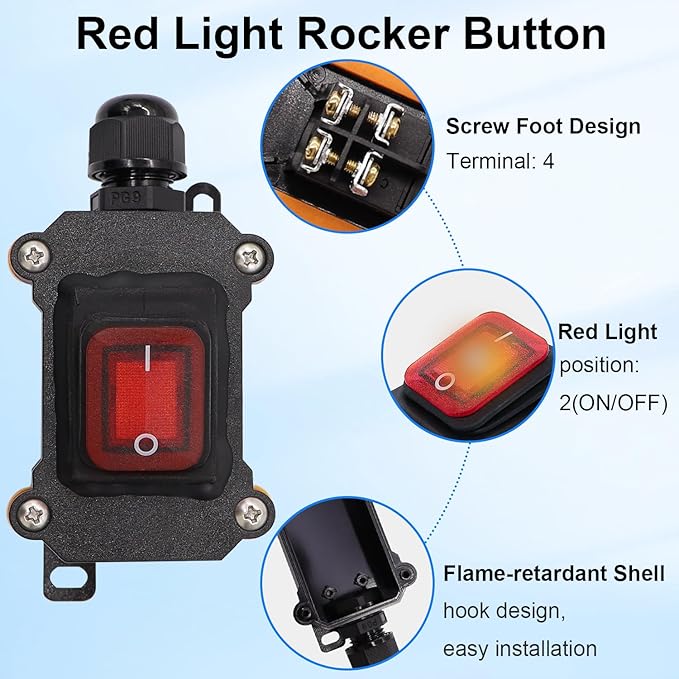 TWTADE Extension Cord with Switch On/Off, IP67 Waterproof Inline Cord Switch with 6ft 18AWG Cable Piggyback Plug (3-Pronged), Outdoor Power Switches with Red Light Rocker Button 20A/125V 16A/250V AC