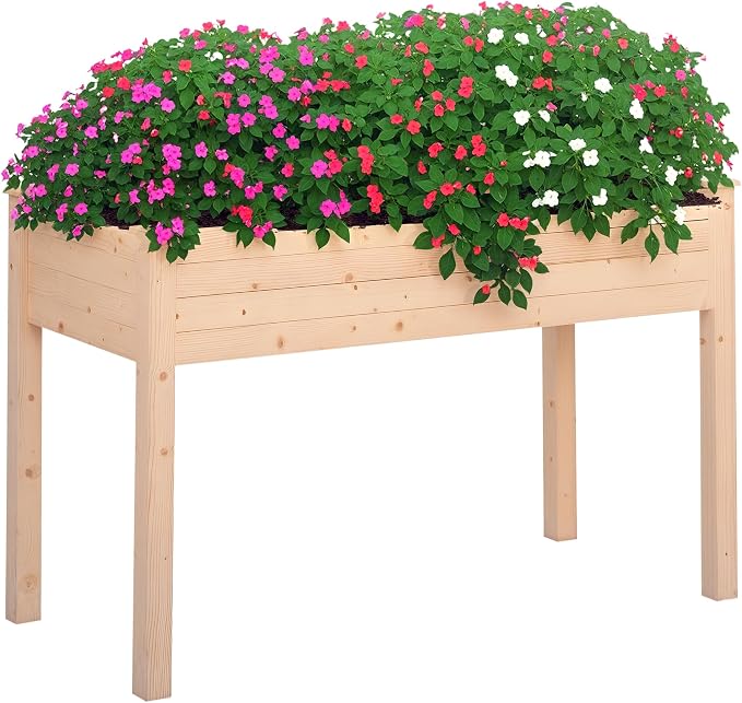 Outsunny Raised Garden Bed with Legs, 48" x 22" x 30", Elevated Wooden Planter Box, Self-Draining with Bed Liner for Vegetables, Herbs, and Flowers Backyard, Patio, Balcony Use, Natural