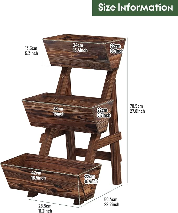 Vertical Wooden Raised Garden Bed, Garden Planters Freestanding Wood Plant Stand Flower Rack Wooden Planter Box for Plants Herbs Flowers Vegetables Outdoor Indoor Gardening (3-Tier Small Carbonized)