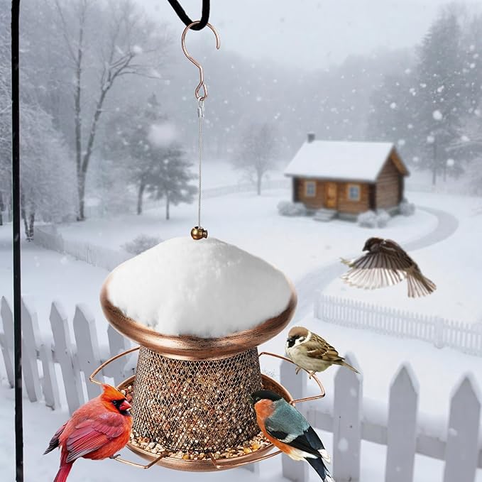 Bird Feeder, Heavy Duty Metal Bird Feeders for Outdoor Hanging, Cute Mushroom Shape Wild Birdfeeder for Outside Garden Yard (Brown)