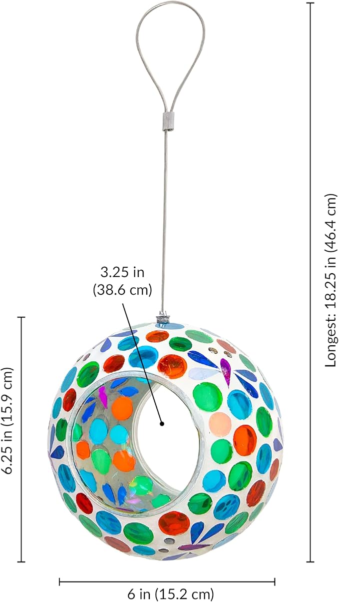 Sunnydaze 6-Inch Glass Mosaic Hanging Bird Feeder for Outdoors - Fly-Through Glass Bird Feeder for Cardinals, Jays, Finches and More - Dragonfly Dreams