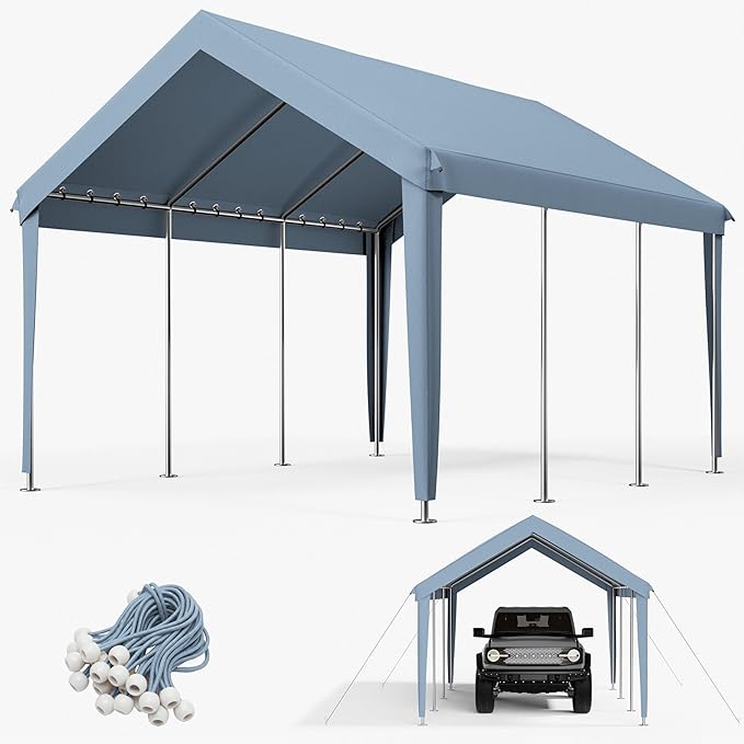 10 x 20 Ft Carport Replacement Cover, Heavy Duty Outdoor Car Tarp Canopy, Waterproof & UV Protected Tear Oxford Tarp with Ball Bungees (Frame is Not Included)