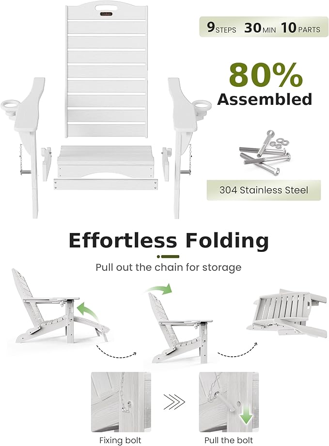 Ciokea Folding Adirondack Chair Set of 4 with Retractable Ottoman Fire Pit Patio Chair with Pull Out Foot Rest Weather Resistant Lawn Outdoor Chair with 2 Cup Holder (White)