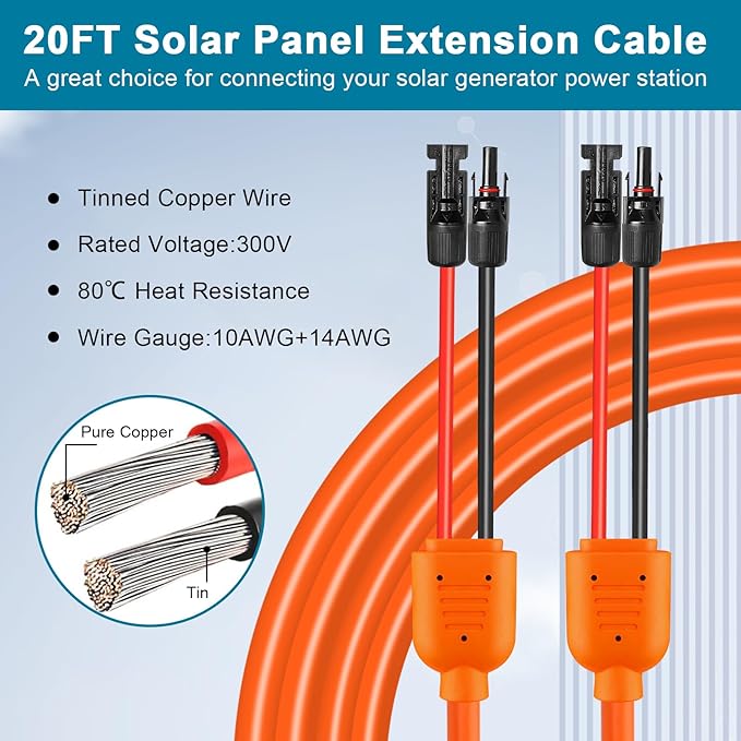 Solar Panel Extension Cable 20FT - MOOKEERF 10AWG+14AWG Solar Wire with Female & Male IP68 Waterproof Connector for RV, Photovoltaic Systems, Home, Boat, Solar Panels, Car