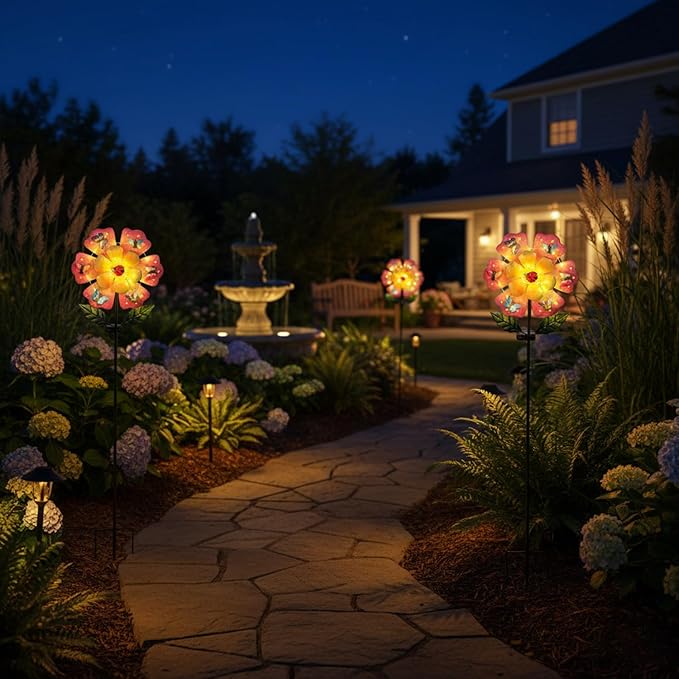 Giant Flower Garden Stakes Decorative with 50 String LED Lights and Butterflies, 46.7" Pink Solar Flowers Outdoor Waterproof for Yard Patio Lawn Decoration