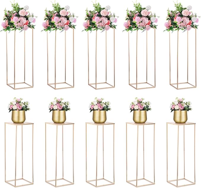 NUPTIO Metal Gold Vase Set for Wedding - 10 Pcs 31.5 inch Tall Cylinder & Square Vases for Centerpieces - Elegant Flower Stand for Party Tables Decorations
