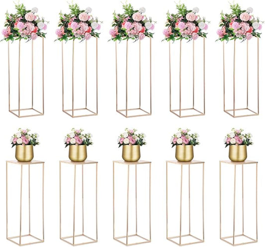 NUPTIO Metal Gold Vase Set for Wedding - 10 Pcs 31.5 inch Tall Cylinder & Square Vases for Centerpieces - Elegant Flower Stand for Party Tables Decorations