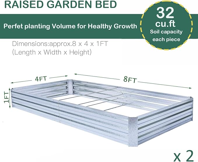 Galvanized Raised Garden Beds 2-Pack (8x4x1ft Each) – Overlapping 4-Inch Panels + 4 Support Bars, Heavy-Duty Metal Planter Box for Vegetables, Herbs, Flowers, No-Deformation Steel Garden Kit