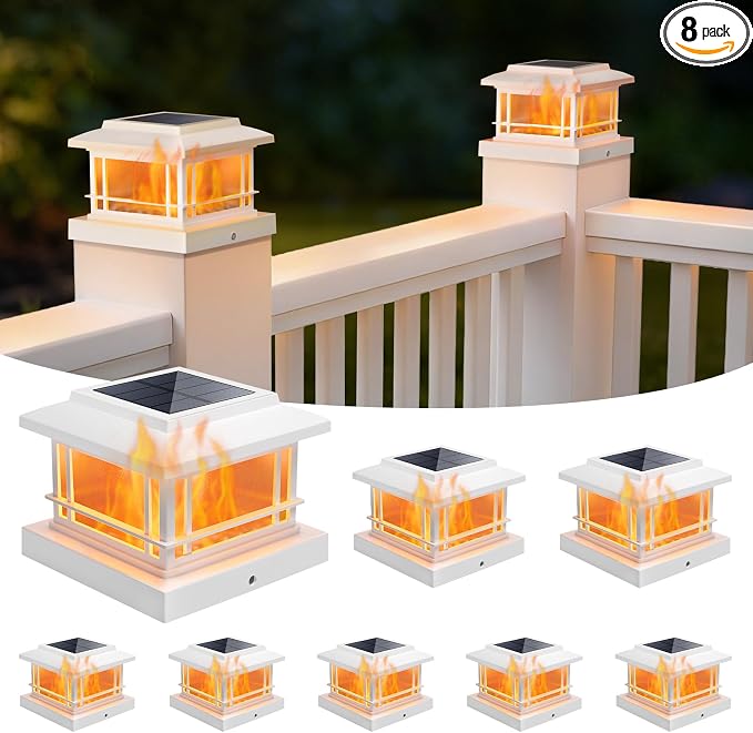 NIORSUN Solar Post Lights Outdoor, Fence Post Solar Lights with Flickering Flame Light & 3 Color Temps, Waterproof, Garden Patio Fence Deck Decor, 4x4 Posts Caps, 4x4, 5x5 Wooden & Vinyl (8Pack,White)