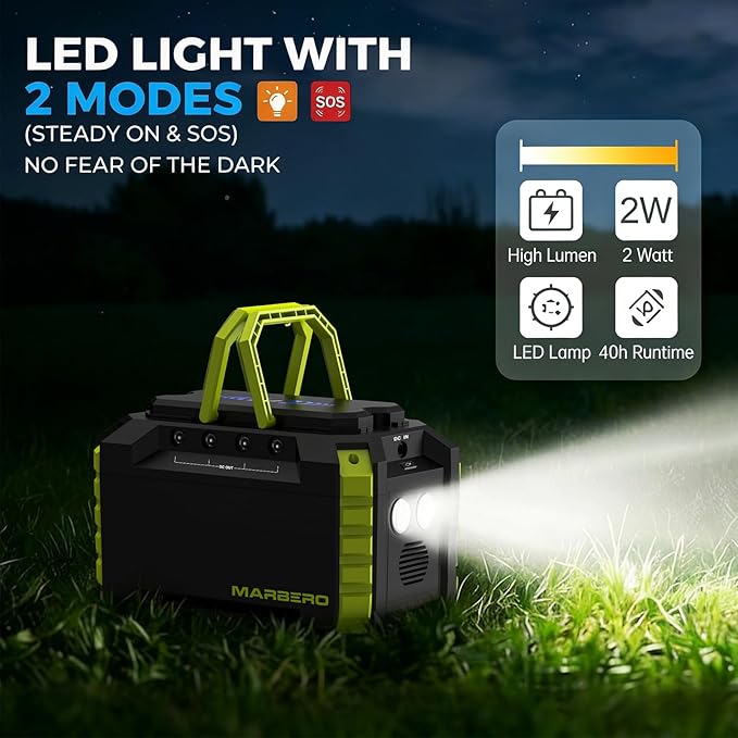 MARBERO Portable Power Station 150Wh Camping Solar Generator Laptop Charger Power Bank with AC Outlet 110V 150W Peak with 4*USB, 4*DC Ports, LED Flashlights for CPAP Home Camping Hurricane Emergency