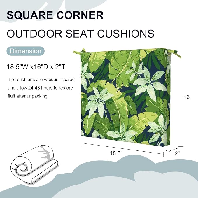 DYTXIII Set of 2 Outdoor Chair Cushions, Water Resistant 18.5"x16"x2" Square Seat Cushion for Patio Dining Chairs, High-Density Replacement Pads for Indoor Outdoor Furniture - Jungle Leaves