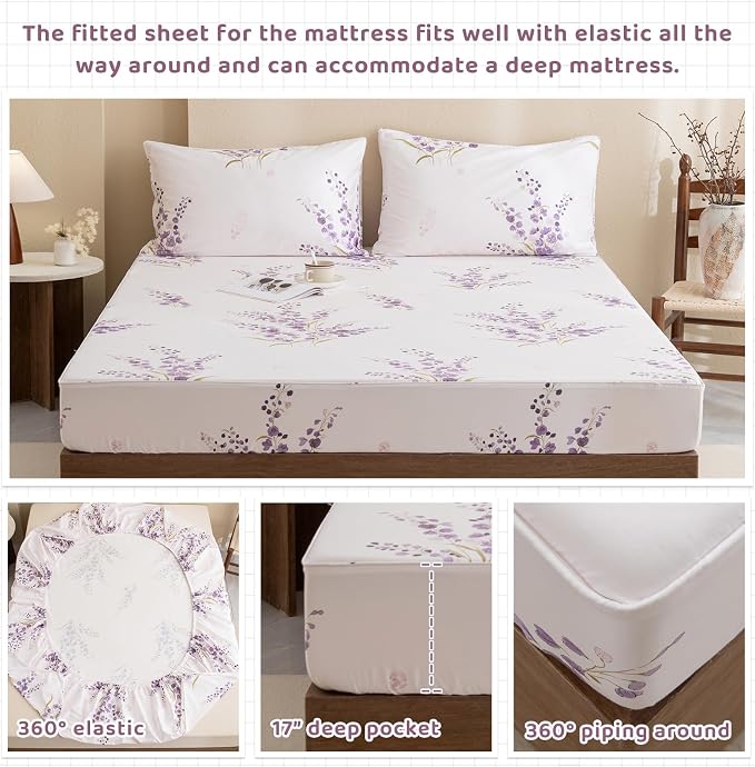 QSH Purple Floral Bed Sheets King Size 100% Egyptian Cotton Lavender Flower Bedding Sheets King Size Bedsheets Sets 17.5" Extra Deep Pocket 4pcs