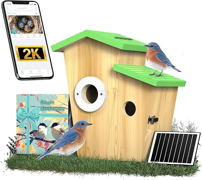 Bird House with Camera,2K HD Wildlife Nest Box for Backyard Bird Watching, Solar Powered with Motion Alerts, Night Vision & Dual Entrances