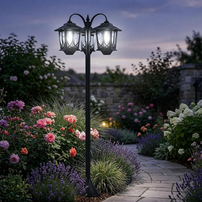PEATOP 73” Solar Lamp Post Light, 3-Head Outdoor Solar Post Lights for Yard, Garden, Pathway, Aluminum Waterproof Dusk to Dawn Floor Lamp with Replaceable Bulbs, 6000K White Light