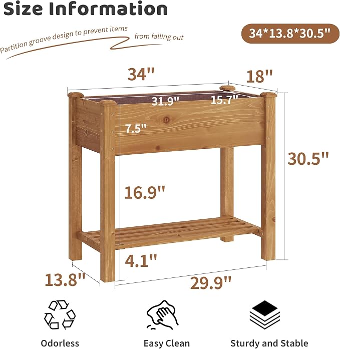 Raised Garden Bed with Legs Elevated Wooden Planter Box Stand Large Planter Stand Box for Fruits Vegetables Flowers with Divider with Bag - 34x18x30.5IN（Brown）