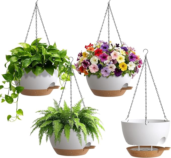 UOUZ 4 Pack 8 Inch Self Watering Hanging Planters for Indoor Outdoor Plants，Hanging Pots for Plants with Drainage Removable Tray, Hanging Baskets Flower Pots for Pothos Garden Porch White with Brown
