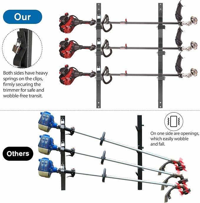 Trimmer Rack, 3 Place Heavy Duty Weedeater Rack for Walls, Open and Enclosed Trailers with Locks, Black Steel