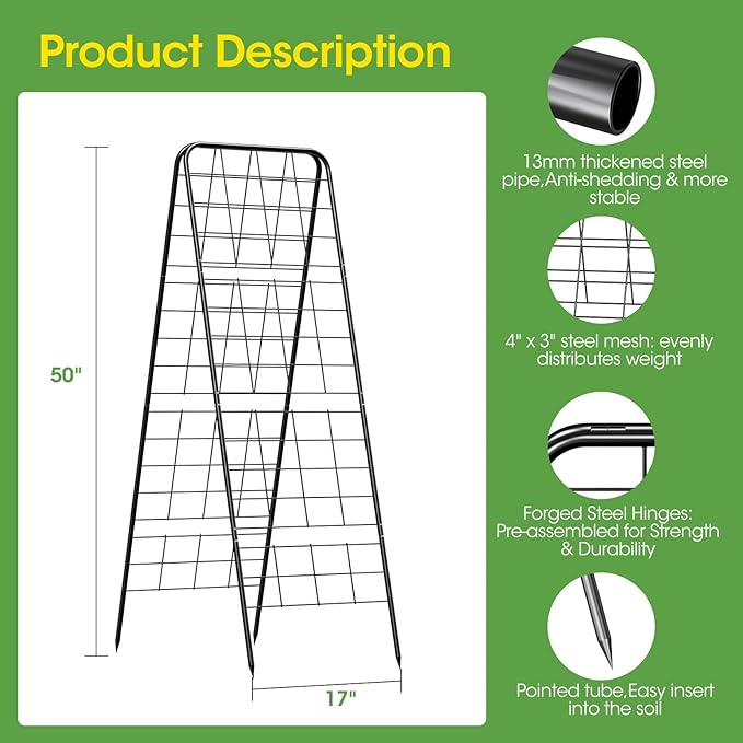 Heavy Duty Cucumber Trellis，50"x17" Adjustable A-Frame Trellis for Climbing Plants，100%Metal Mesh Design,Rust-Proof and UV-Resistant，Garden Trellis for Cucumber Beans and Vine Type Plants.Black &1Pcs