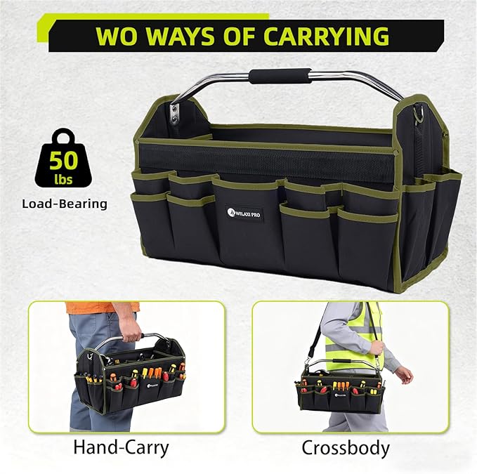 16in Foldable Open Top Tool Tote, Tool Bags For Men Heavy Duty, Tool Carrier tool bag hard With Handle, Wide Mouth Electrician Tool Tote, Many Pockets Can Hold Many
