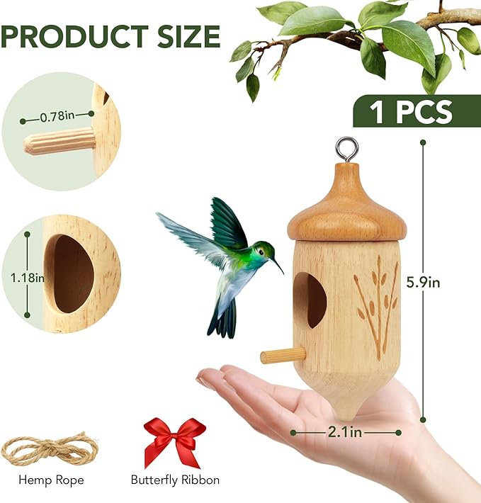 Hummingbird House, Small Wooden Hummingbird House for Outdoors, Cute Bird House with Bow & Hanging String, Garden Decor & Gift
