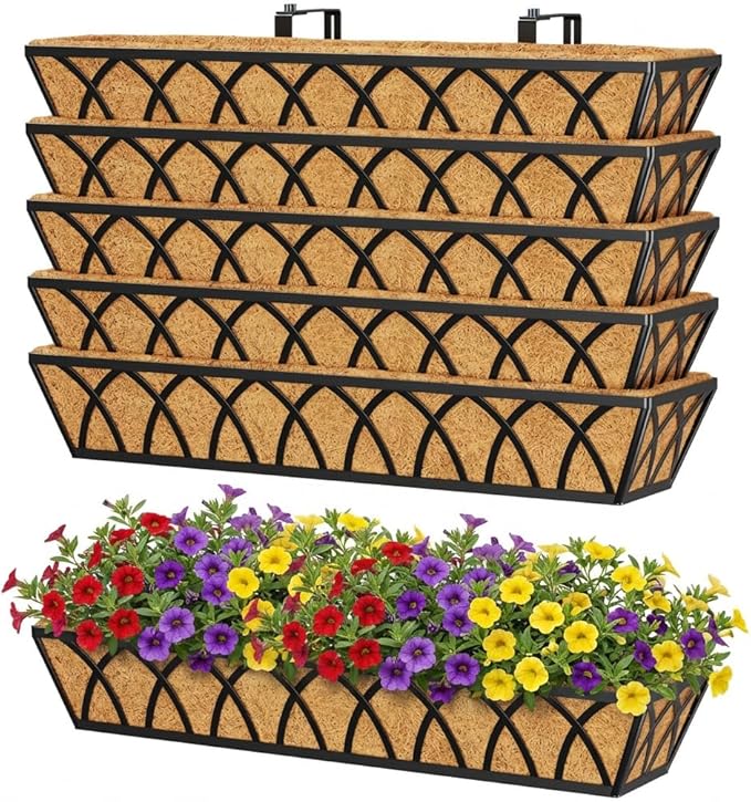 Y&M Railing Planter Boxes, Metal Hanging Balcony Planter, Adjustable Deck Railing Planter for Fence, Window Boxes Outdoor, Heavy Duty Flower Box for Porch Rail-30inch 6pcs