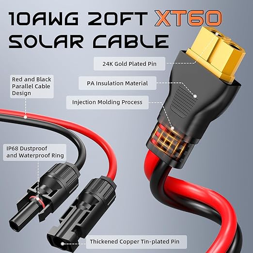 20FT 10AWG XT60 Solar Charging Cable, GIBBAB Solar Panel Connector to XT60 Extension Charge Adapter Cable with Caps & Wire Ties for LiFePO4 Battery RV Portable Power Station Ecoflow Generator