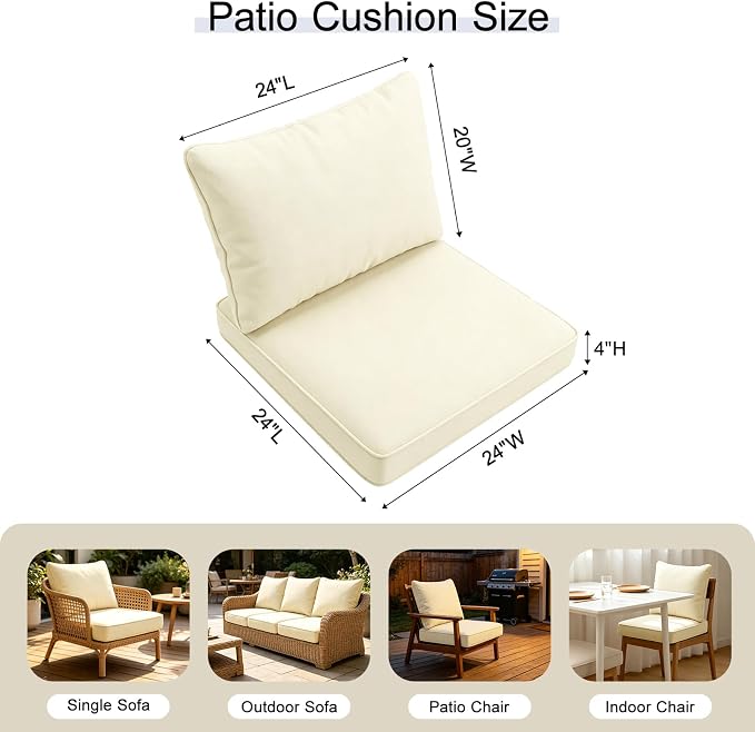 24''x24''x4'' Outdoor Seat Cushion Set, Beige Patio Replacement Cushions | Water-Resistant & Fade Resistant Fabric with Removable Cover, Fits Outdoor Chair Sofa Couch