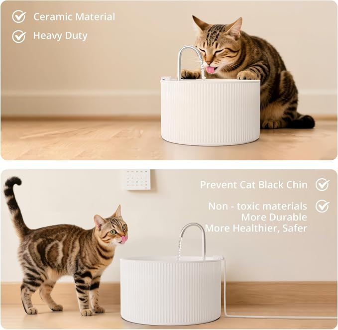 Ceramic Cat Water Fountain, 2.2L/74oz Cupcake Pet Water Fountain for Cats and Dogs, Automatic Pet Drinking Fountain,Double Filtration System, Easy to Clean (White)