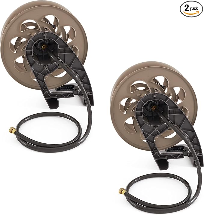 Suncast 2 Pack CPLSTA125B 125' Wall-Mounted Side Tracker Garden Hose Reel for 5/8" Hose with Guide for Patio or Garden, Dark Taupe