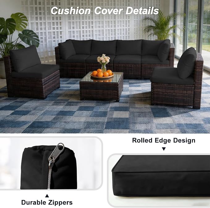 14 Piece Outdoor Cushion Covers Replacement, Waterproof Patio Couch Cushion Covers, Outdoor Furniture Sofa Covers with Zippers, Cover Only (14Pcs-Black, 24 * 24 * 3.15-inch)