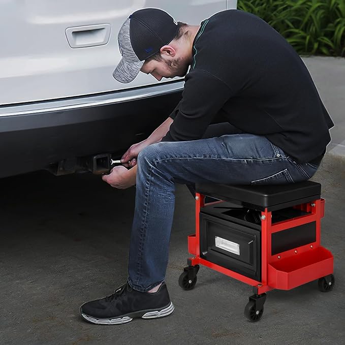M-AUTO Mechanic Stool Garage Rolling Tool Chest Seat w/Drawer & Tray, 350LBS Capacity Multi-Function Adjustable Height Mechanic Creeper Seat for Projects Inside The Garage and Workshop, Red